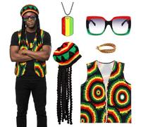 5 Pcs Reggae Fancy Dress, Jamaican Rasta Costume Accessories Set with Dreadlocks Hat Caribbean Vest Yellow Sunglasses Necklace Bracelet, for Women Men Halloween Carnival Cosplay Party