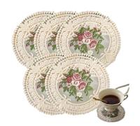 5 Pcs Retro Floral Embroidered Vintage Lace Coasters for Drinks & Coffee Mug, French Crochet Round Doilies Lace Placemats, Handmade Embroidered Table Cup Mats for Wedding Party Spring Home Decor