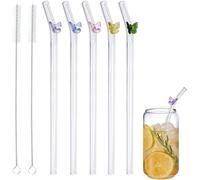 5 Pcs Reusable Glass Straws,Colorful Butterfly on Clear Straws With Design 7.9in X 8mm Shatter Resistant Bent Drinking Straws with 2 Cleaning Brushes for Shakes,Juices,Smoothies, Cocktails