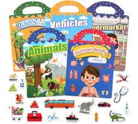 5 Pcs Reusable Sticker Book, Waterproof Puffy Stickers for Children with Animals, Vehicles, Dinosaurs, Supermarkets, Sensory, Portable Travel Activity Book Stickers for Kids Age 2-6 Education