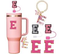 5 Pcs Reusable Straw Cover for Stanley Cup Accessories,Include 2 Pcs Dustproof Straw Covers, 1 Pcs Dustproof Straw Covers with Letter Charms and 2 Pcs Personalized Name Stickers(E)