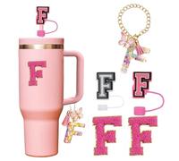 5 Pcs Reusable Straw Cover for Stanley Cup Accessories,Include 2 Pcs Dustproof Straw Covers, 1 Pcs Dustproof Straw Covers with Letter Charms and 2 Pcs Personalized Name Stickers(F)