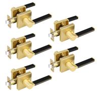 5 Pcs Satin Brass Door Handles with Black Leather, Passage Door Knobs
