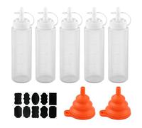 5 Pcs Sauce Reusable Plastic Bottle Dispensers, 8 Oz Squeezy Squirt Bottles for Ketchup, Mustard, Hot Sauces, Oil with Funnel, Sticker Label(250ml)