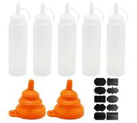 5 Pcs Sauce Reusable Plastic Bottle Dispensers, 8 Oz Squeezy Squirt Bottles for Ketchup, Mustard, Hot Sauces, Oil with Funnel, Sticker Label(250ml)