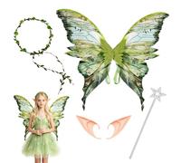 5 PCS SET Fairie Costume，Includes 1 Wing, 2 Elf Ears, 1 Nine-flower Garland, and 1 Star Stick, Fairy Costume Women with Green Digital Print, Complete Set for Halloween Parties and Cosplay Events
