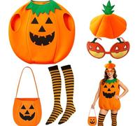 5 Pcs Set Funny Fancy Dress, Halloween Costumes for Women with Candy Bag Pumpkin Hat Stockings Pumpkin Glasses for Girls Ladies Female Halloween Cosplay Fancy Dress Outfit Party