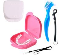 [5-pcs Set] Orthodontic Case + Cleaning Brush | incl. Anti-Loss Carabiner & Lanyard for Kids | Box with Vents for Retainers, Aligners, Dentures (Pink)