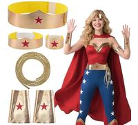 5 Pcs/Set Woman of Wonder Star Costume Accessories, Halloween Wonder Cosplay Accessory, Woman of Hero Gold Tiara Cuffs Armband Belt Lasso Set for Adults Role Play Halloween Party