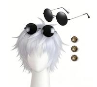 5 Pcs Short Silver White Wig Black Sunglasses & Swirl Buttons Set for Anime Cosplay Accessory