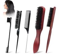 5 PCS Slick Back Brush, Premium Slick Back Hair Brush Natural Boar Bristle Hair Brush with Plastic Comb and Eyebrow Brush for Hair Beard Detangling and Styling