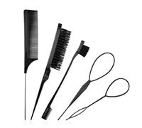 5 Pcs Slick Brush Set, Plastic Bristle Hair Brush and Teasing Comb and Topsy Tail Hair Tool, Rat Tail Comb Double Sided Edge Brushes for Hairs Slicking, Brushing, Combing and Styling(COLOR:Black)