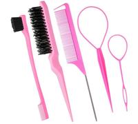 5 PCS Slick Brush Set, Plastic Bristle Hair Brushes, Teasing Comb, Edge Hair Brushes, Teasing Brush Set, Rat Tail Comb, Double Sided Edge for Hairdresser, Women, Children (Pink)