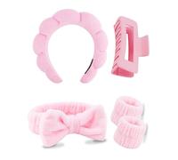 5 Pcs Spa Headbands for Wash Face, Makeup Headband, Facial Skincare Headbands, Puffy Sponge Spa Headband Bow Tie Hair Band Hair Clips Wristband Set Women Girls (pink)