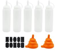 5 Pcs Squeeze Condiment Bottles - 8 oz Reusable Plastic Sauce Dispensers for Ketchup, Mustard, Hot Sauces, Oil With Funnel, Sticker Label - White (250ml)