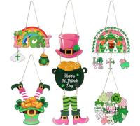 5 Pcs St. Patrick's Day Hanging Decorations Wooden Green Pink Irish Holiday Door Sign Leprechaun Clover Wreath Ornaments with Hemp Rope Spring St. Patrick's Day Home Decor Irish Party Supplies