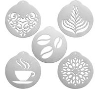 5 Pcs Stainless Steel Coffee Stencils Set, Reusable Latte Art Templates with Floral Heart, Leaf, Coffee Bean, Cup & Mandala Patterns for Cappuccino, Cake Decorating,for Home Baristas and Coffee Shops