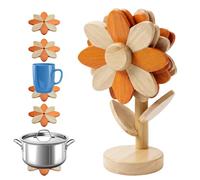 5 PCS Sun-Flower Wooden Trivets - Reversible Spindle Trivet Set | Heat Resistant Beech Pot Holder Mat for Holding Hot Dishes -Wooden Worktop Protector for Kitchen Table