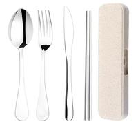 5 Pcs Travel Cutlery Set with Case, Reusable Knife Fork Spoon Set, Picnic Cutlery and Spoons Cutlerys Ideal for on The go use During Camping und Office or Picnic Activities (Wheat Color)