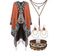 5 Pcs Western Jewelry Native American Clothing Set for Women Open Front Poncho Cape Bohemian Layered Leather Necklace Bracelet Dangle Earrings Cowgirl Costume Accessories