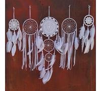 5 Pcs White Jute Crochet Dream Catchers Set, Handmade Bohemian Wall Decor with Feather Tassels - for Bedroom, Living Room, Nursery, Wedding & Boho Home Decoration(White)