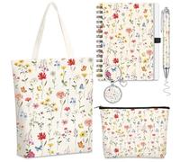 5 Pcs Wildflower Gifts Set for Women Include Keychain Canvas Tote Bag Animal Lover Zipper Makeup Bag Notebook Pen for Women Party Favors Birthday Gift for Christmas(Beige)