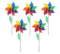 5 Pcs Wind Spinners Wooden Pole Rainbow Windmill Plastic Rainbow Windmill for Kids' Parties Camping Picnics or Garden DIY Lawn Decorations