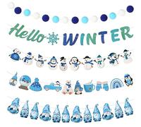 5 Pcs Winter Garland Decorations Hello Winter Banner Felt Garlands Snowman Gnome Hanging Christmas Decoration for Birthday Party Decor