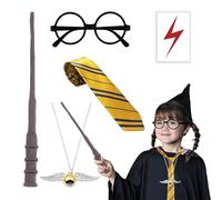 5 Pcs Wizard Costume Accessories Set for Kids, Harry Wizard Fancy Dress with Magic Wand, Necklace, Tie, Glasses, Lightning Tattoo Sticker Cosplay Outfit for Girls Boys World Book Day, Halloween-C