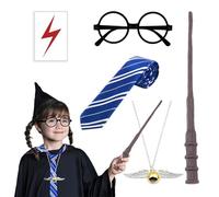 5 Pcs Wizard Costume Accessories Set for Kids, Harry Wizard Fancy Dress with Magic Wand, Necklace, Tie, Glasses, Lightning Tattoo Sticker Cosplay Outfit for Girls Boys World Book Day, Halloween-D