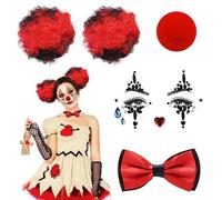 5 Pcs Women Clown Costume Accessories Set, Funny Fancy Dress Kit With Wigs, Temporary Face Tattoo, Bow Tie, Red Nose for Halloween, Cosplay Party, Circus Show, Carnival