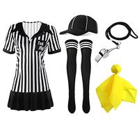 5 Pcs Women Referee Costume Set Black & White Stripe Referee Zipper Collar Shirt Official Referee Hat Long Socks Stainless Whistle with Lanyard Yellow Penalty Flag for Halloween Cosplay (XX-Large)