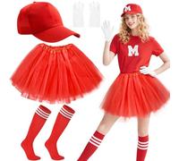 5 PCS Women's M Character Costume Set, Candy Fancy Dress Outfit with Baseball Cap Tutu Skirt Gloves Striped Socks & M Patch for Ladies Girls Halloween Cosplay Dress Up Party (Red)
