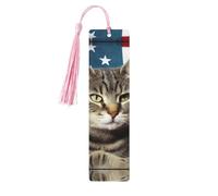 5 Pcs Wooden Bookmark for Men Women Wood Bookmarks with Holes and Tassels Vintage Bookmark American Cat USA Flag Wood Hanging Tags Ornaments Handmade Craft Book Marks for Gifts