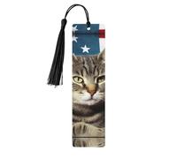 5 Pcs Wooden Bookmark for Men Women Wood Bookmarks with Holes and Tassels Vintage Bookmark American Cat USA Flag Wood Hanging Tags Ornaments Handmade Craft Book Marks for Gifts