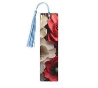 5 Pcs Wooden Bookmark for Men Women Wood Bookmarks with Holes and Tassels Vintage Bookmark Red and White Flowers Wood Hanging Tags Ornaments Handmade Craft Book Marks for Gifts