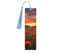 5 Pcs Wooden Bookmark for Men Women Wood Bookmarks with Holes and Tassels Vintage Bookmark Red Poppy Flower Field in Sunset Wood Hanging Tags Ornaments Handmade Craft Book Marks for Gifts