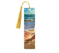 5 Pcs Wooden Bookmark for Men Women Wood Bookmarks with Holes and Tassels Vintage Bookmark Seashells on The Sandy Beach Wood Hanging Tags Ornaments Handmade Craft Book Marks for Gifts