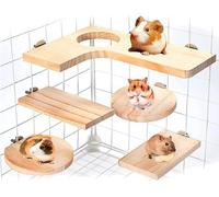 5 Pcs Wooden Chinchilla Cage Platforms Set, Wood Shelves for Rat Cage with 10.6 x 7.5 in L Shaped Shelf and 4.4 in Corner Ledges, Small Animal Climbing Steps for Hamster Squirrel Sugar Glider Parrot