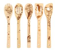 5 PCS Wooden Spoons for Cooking, DaceStar Cartoon Pattern Burned Wooden Kitchen Utensils Set, Non-Stick Organic Bamboo Utensil Set, Great Gift for Kitchen Lovers & Foodies