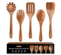 5 PCS Wooden Spoons for Cooking Natural Teak Kitchen Utensils Set Smooth Non-Stick Surface Cooking Utensils Set Soft Comfort-Grip Wooden Spatula Set