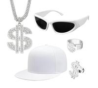 5-Piece 2000s Rapper Costume Accessories Kit with Customizable Sunglasses, Adjustable Dollar Chain & Rings, White Cap for Hip Hop Theme Parties, Concerts and Rap Fans