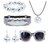 5 Piece 70s Disco Ball Set Disco Accessories - Includes Bracelet, Headband & Sunglasses - Glitter Sequins Women for 70s Party, Disco Fever & Festival