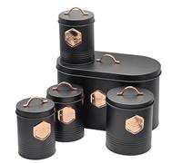 5-Piece Airtight Kitchen Canister Set - Tea, Coffee, Sugar, Bread & Biscuit Storage Tins - Labelled Containers for Pantry/Kitchen Organization - Stylish Black & Copper Design