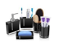 5-Piece Bathroom Accessory Set, Black Acrylic, Modern Style, Glossy Finish, with Soap Dispenser, Toothbrush Holder, Soap Dish