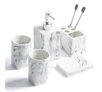 5-Piece Bathroom Counter Top Accessory Set - Dispenser for Liquid Soap or Lotion, Soap Dish, Toothbrush Holder and 2 Tumblers, Marble Pattern Resin (Ink White)