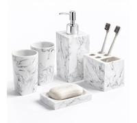 5-Piece Bathroom Counter Top Accessory Set - Dispenser for Liquid Soap or Lotion, Soap Dish, Toothbrush Holder and 2 Tumblers, Marble Pattern Resin (Ink White)