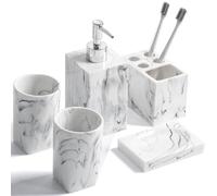 5-Piece Bathroom Counter Top Accessory Set - Dispenser for Liquid Soap or Lotion, Soap Dish, Toothbrush Holder and 2 Tumblers, Marble Pattern Resin (Ink White)