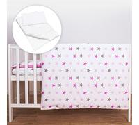 5 Piece Bedding Set Duvet Pillow with Covers & Cotton Sheet for 95x65 cm Baby Travel Cot (Pink Stars)