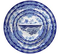 5-Piece Bone China Tableware Set, Blue and White Porcelain Plates and Bowls, Round Dishwasher Tableware, 1 Person.